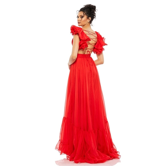 Mac Duggal X Anthropologie Indy A-Line Ruffled Back-Lace Up Chiffon Red Gown - Picture 7 of 7
